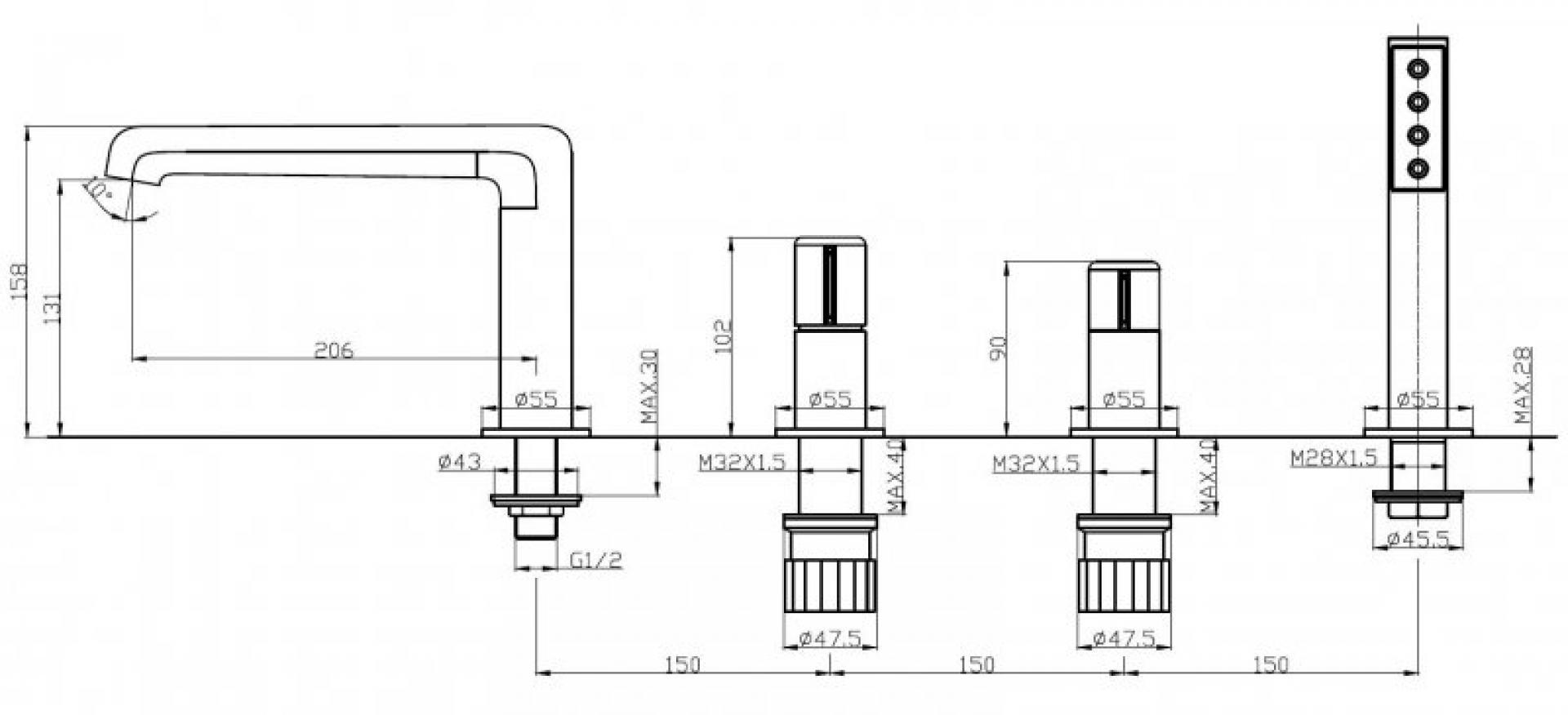 Смеситель на борт ванны BelBagno UNO-BVD4-CRM, хром