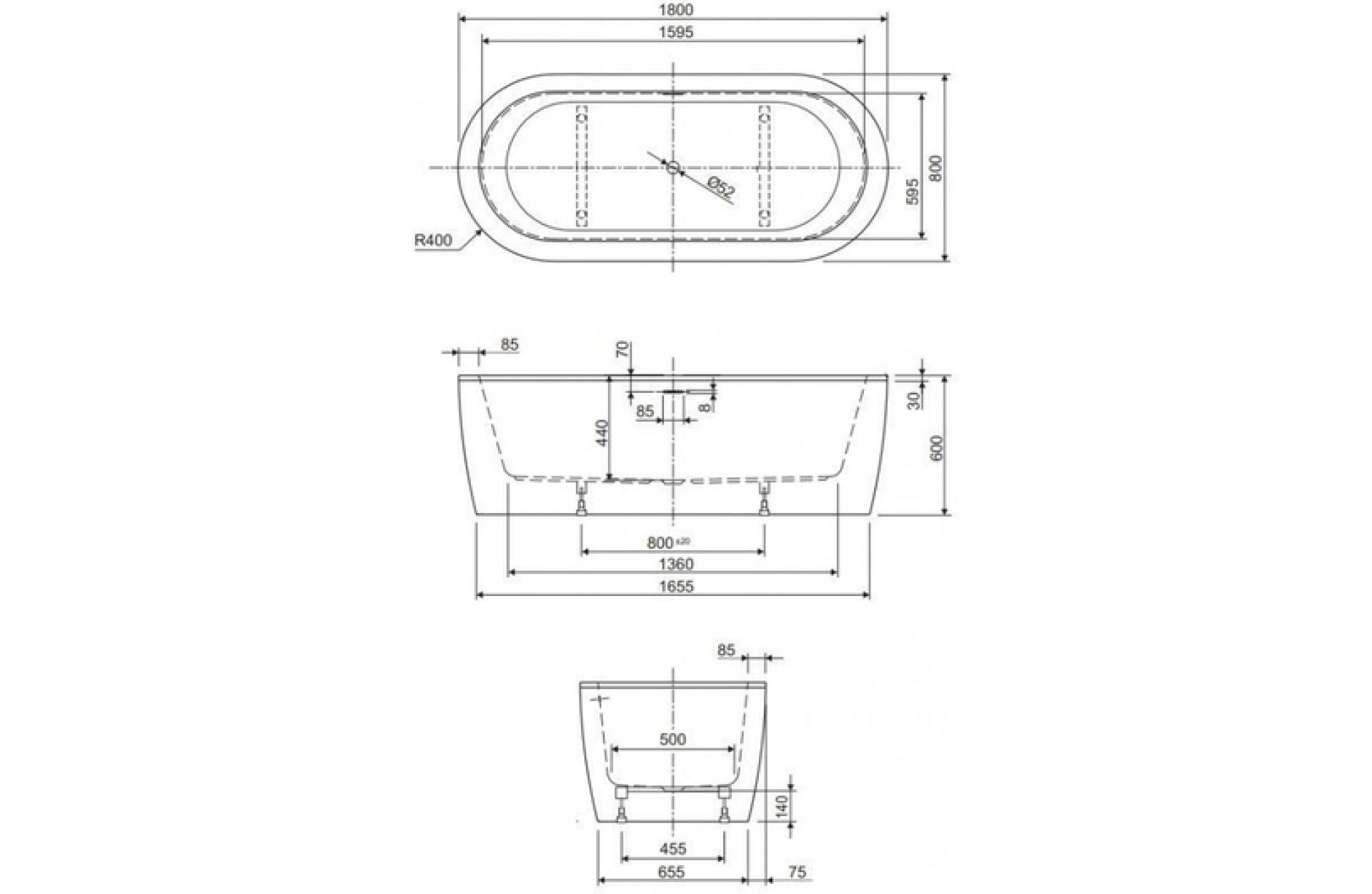 Акриловая ванна Cezares SLIM CENTRAL-180-80-44-W37 180x80 см, белый