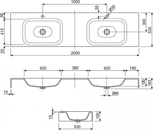 Раковина 200 см Cezares TITAN-2000-2-LVB-SOSPESO