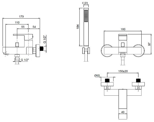 Смеситель для ванны и душа Cezares UNIKA-VDM-NOP, черный