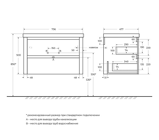 Тумба под раковину Cezares Relax 79.6 RELAX-800-2C-SO-GM оружейная сталь