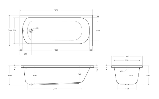 Акриловая ванна без опоры Cezares 165x70 ECO-165-70-41-W37, белая