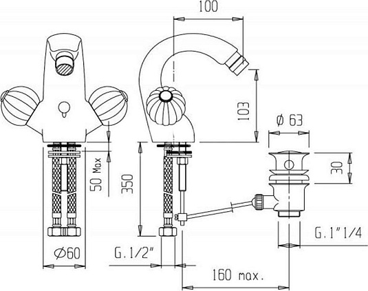 Смеситель для биде Cezares ROYAL PALACE-BS1-02-MS, бронза