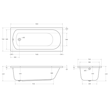 Акриловая ванна Cezares Eco ECO-155-70-41-W37 155x70 см, белый