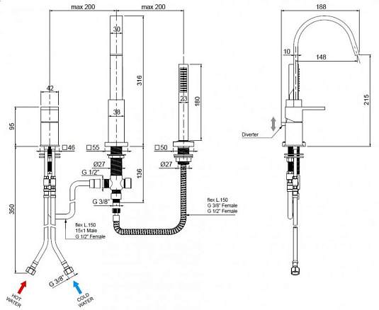 Смеситель на борт ванны Cezares UNIKA-BVD3-NOP, черный
