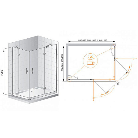 Душевой уголок Cezares Bergamo 120x100 R BERGAMO-W-AH-2-120/100-C-Cr-R профиль хром, стекло прозрачное