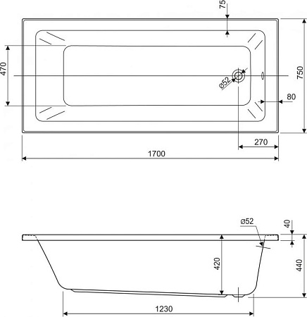 Акриловая ванна Cezares Plane Solo 170х75 PLANE SOLO-170-75-45-W37